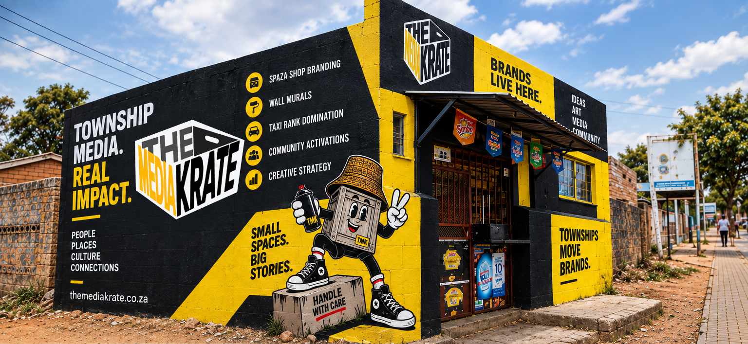 Spaza shop branded in The Media Krate's black and gold township mural style